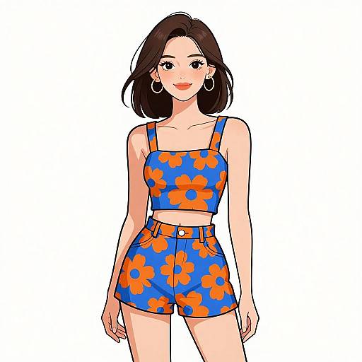 Digital illustration of a smiling woman with fair skin and dark brown hair, wearing a blue crop top and high-waisted shorts with orange floral patterns,