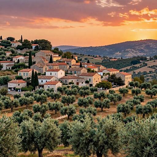 Photograph of a sunlit Mediterranean village with red-tiled roofs, olive groves, and a vibrant orange-pink sunset sky, nestled in rolling