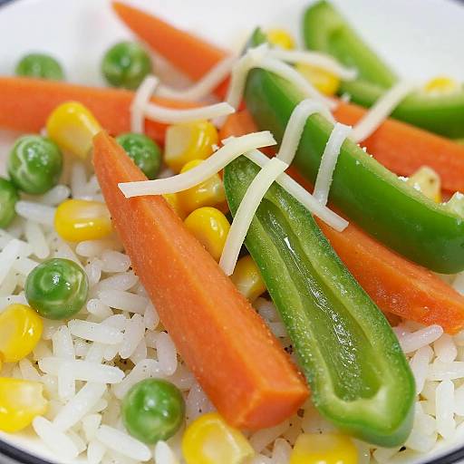 Close-up photograph of colorful vegetable and rice dish: orange carrots, green cucumbers, yellow corn, green peas, and white rice with shredded cheese