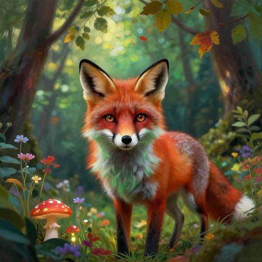 Digital painting of a vibrant red fox with piercing eyes, standing in a lush, colorful forest filled with mushrooms and flowers.
