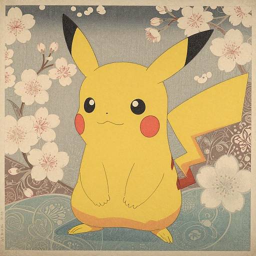 Digital illustration of Pikachu, a yellow, cartoon-style Pokémon with black-tipped ears and red cheeks, standing amid white cherry blossoms against a patterned