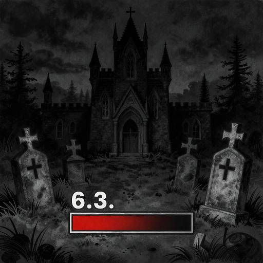 Digital artwork of a dark, eerie graveyard at night with a gothic cathedral in the background. Two grave markers with crosses are in the foreground. A