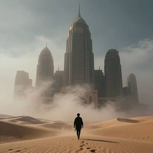 Photograph of a lone figure in silhouette walking towards a tall, modern skyscraper complex with foggy base, set in a vast, sandy desert landscape