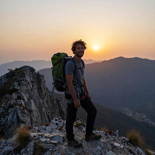 Photograph of a curly-haired man with a green backpack, standing on a rocky mountain peak at sunset, silhouetted against a colorful sky and