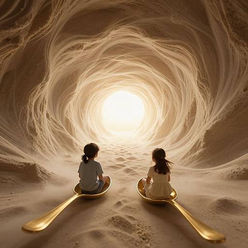 Photograph of two children with black hair, sitting on gold skis, facing a bright, swirling light in a sandy tunnel.