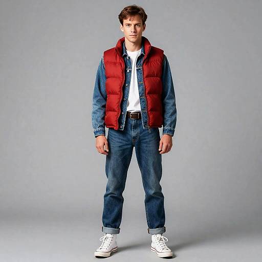 Man Wearing Red Puffer Vest and Denim Outfit