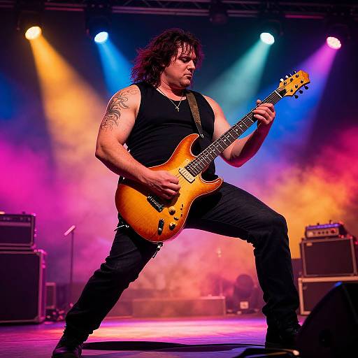 Photograph of a muscular, tattooed man with long dark hair, playing a sunburst electric guitar on a colorful, foggy stage.