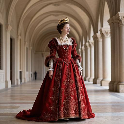 Photograph of a regal woman in a luxurious, red, Renaissance-style gown with gold embroidery, fur-trimmed sleeves, and a gold crown