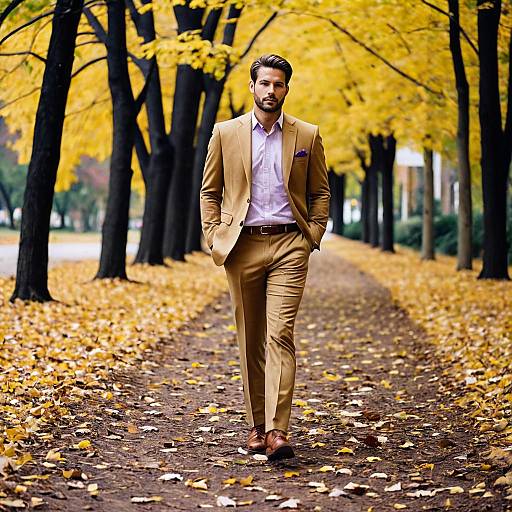 Man Walking on Autumn Path in Tan Suit