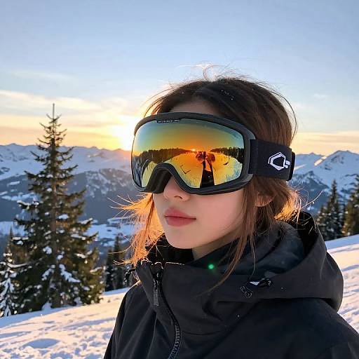 Photograph of a young woman with fair skin and brown hair, wearing black ski goggles and a black jacket, standing in a snowy mountain landscape at sunset