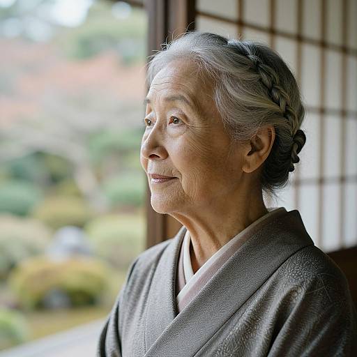 Photograph of an elderly Asian woman with gray hair in a braid, wearing a brown kimono, smiling softly, with a blurred garden view in