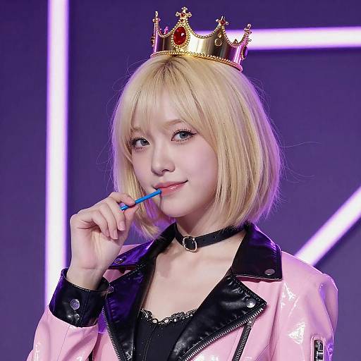 Young Woman with Gold Crown Neon Lights