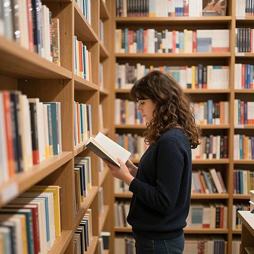 Photograph of a curly-haired woman in a black sweater, standing in a well-lit library, browsing books on wooden shelves.