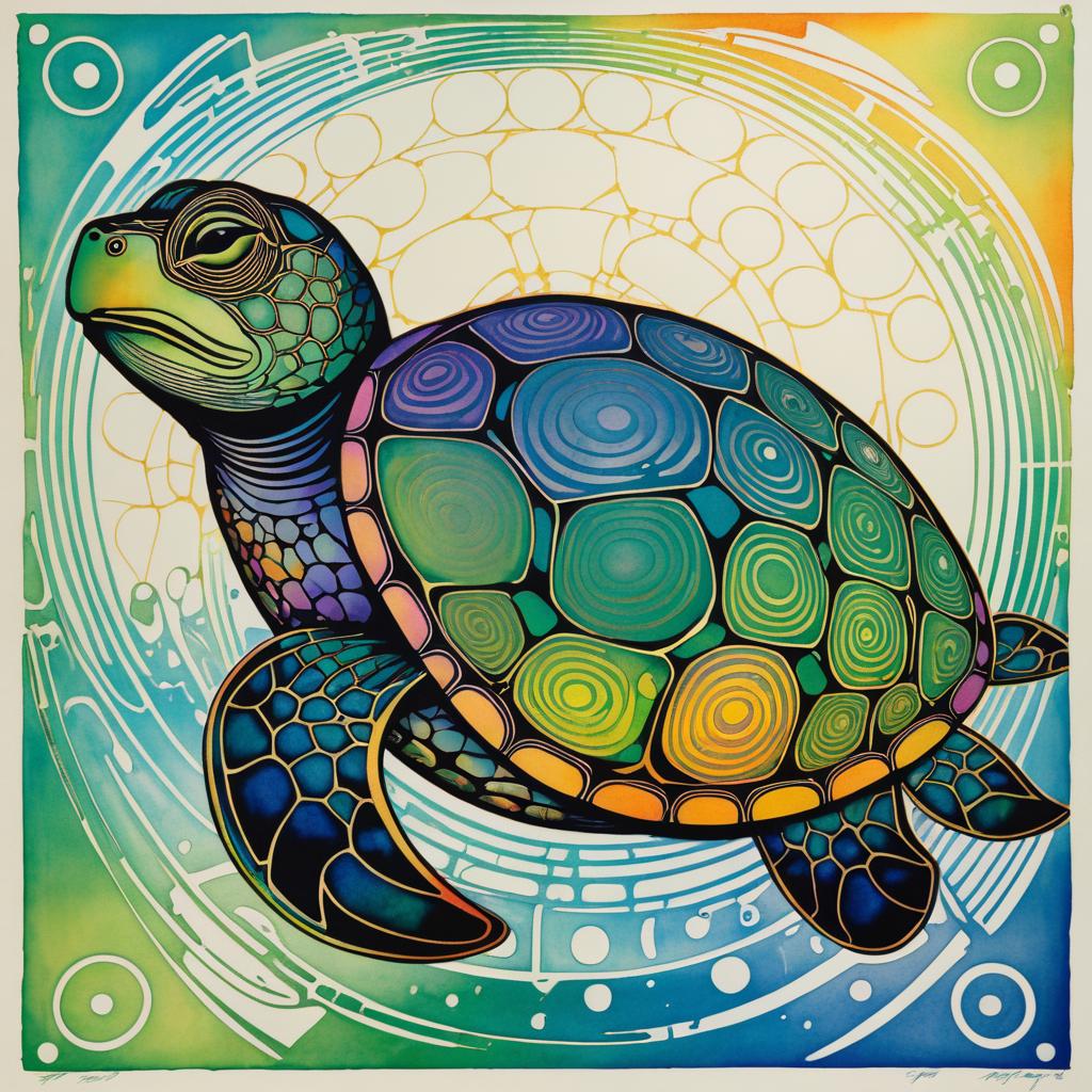 Whimsical Turtle Lithograph in Mackintosh Style