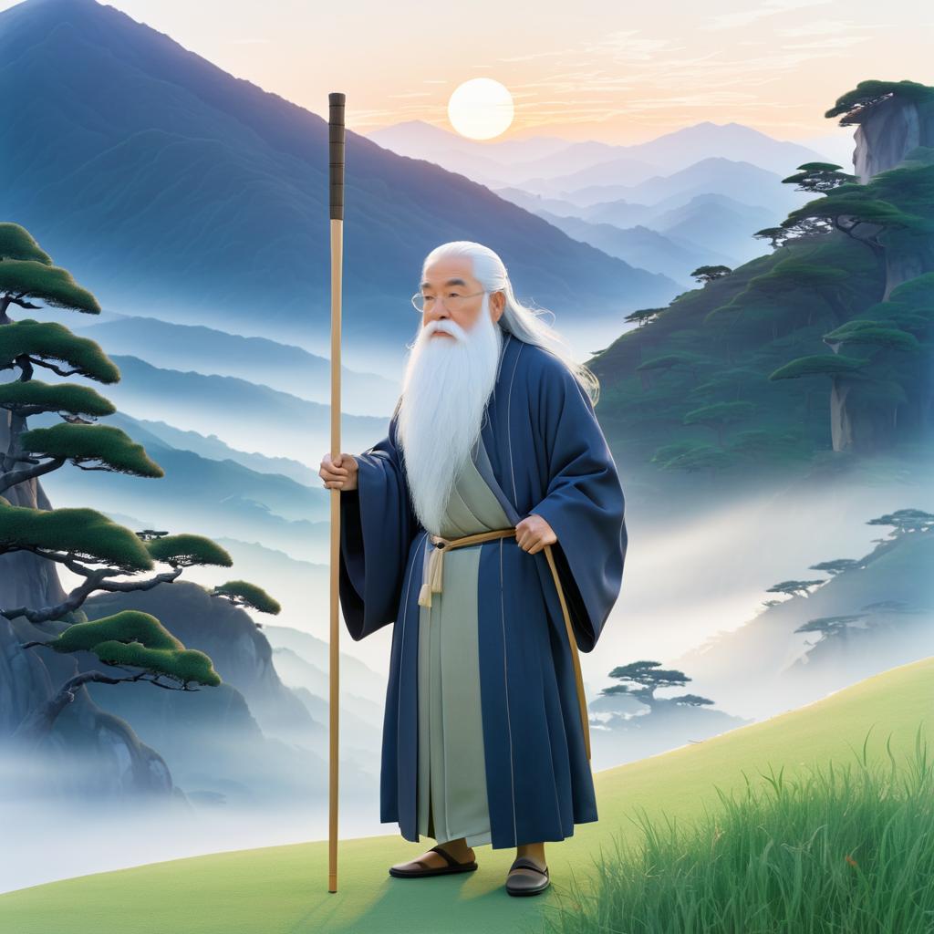 Serene Elder in Majestic Dawn Landscape