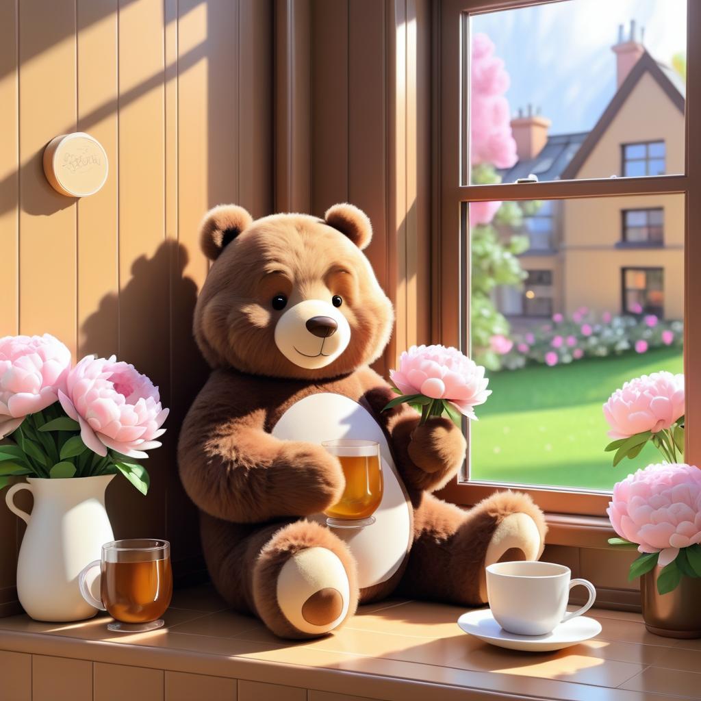 Cozy Cartoon Bear with Cider and Peonies