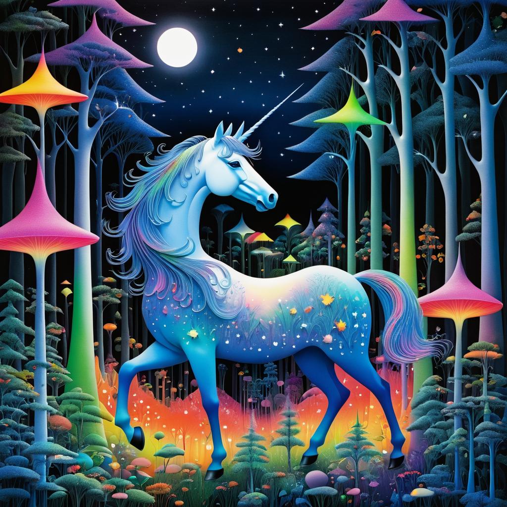 Magical Unicorns in a Night Forest