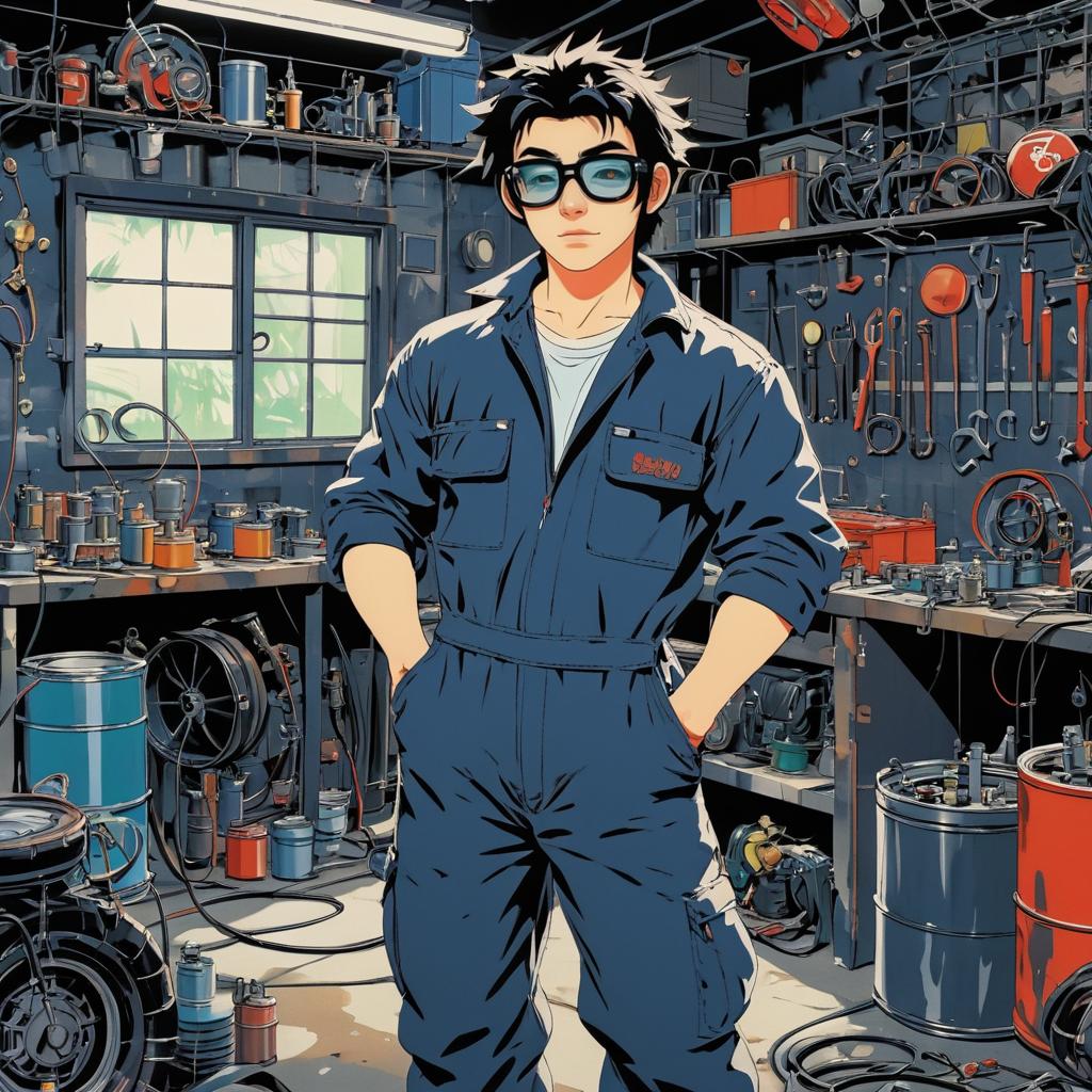 Anime Mechanic in a Cluttered Garage