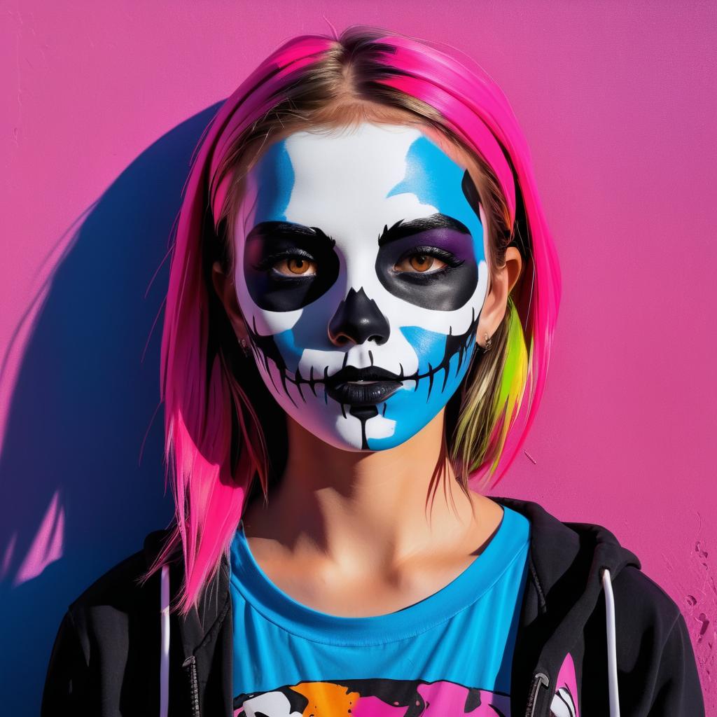 Vibrant Portrait: Teenage Girl with Skull Face