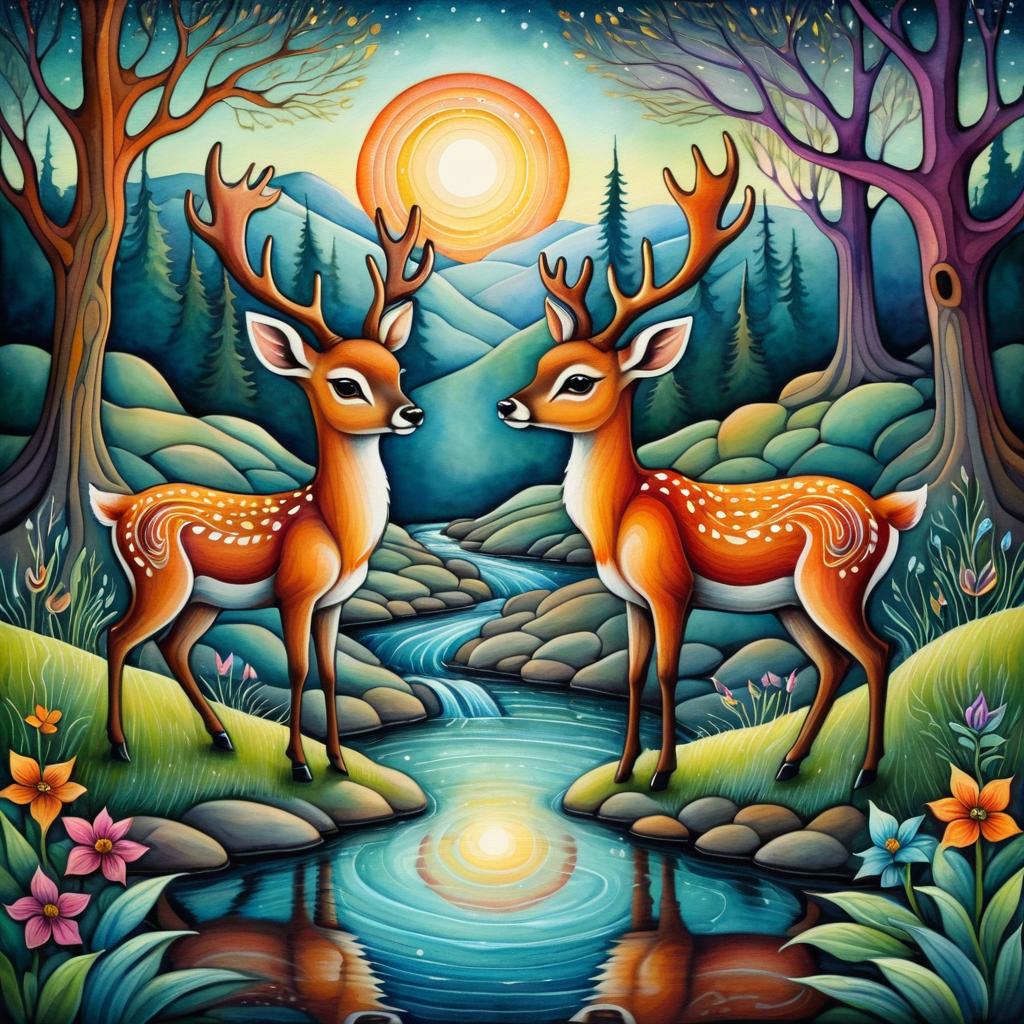 Whimsical Deer by a Colorful Creek