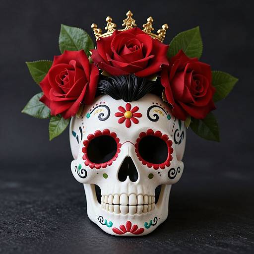 Photograph of a white, ornately decorated sugar skull adorned with red roses, green leaves, and a golden crown, set against a dark background.