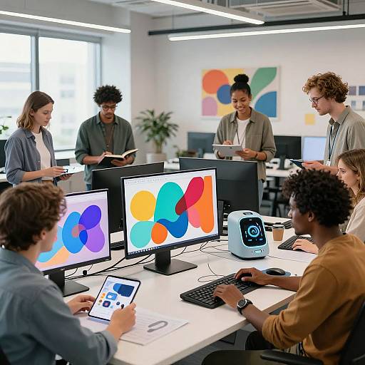 Photograph of diverse team in modern office, seated around table with colorful digital displays, engaging in collaborative work, surrounded by bright lighting and abstract art.