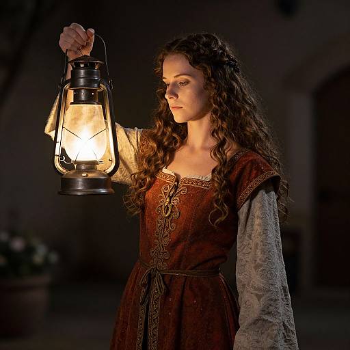 Photograph of a young woman with long curly brown hair, wearing a brown medieval-style dress with gray sleeves, holding a glowing lantern in a dark,