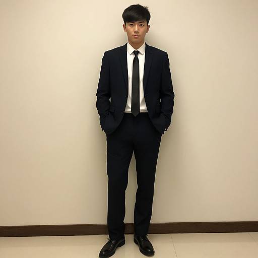 Photograph of an Asian man in a black suit, white shirt, and black tie, standing against a plain white wall, hands in pockets, with