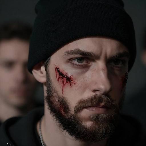 Bearded Man with Bloody Scratches and Black Beanie