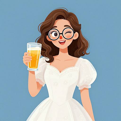 Digital illustration of a smiling woman with wavy brown hair, glasses, and a white dress, holding a glass of beer against a blue background.