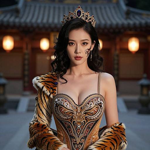 Photograph of an Asian woman with long black hair, wearing an ornate tiger-patterned corset, fur sleeves, and a golden tiara,