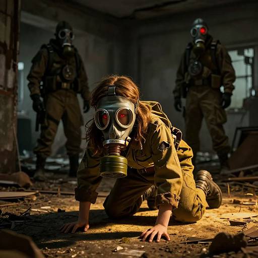 Photograph: Young woman in yellow military gear and gas mask, crawling on debris-laden floor; two masked, armed guards in dark uniforms stand menacing