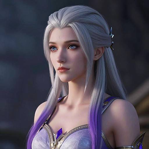 CGI portrait of a beautiful, fair-skinned woman with long, silver hair with purple tips, wearing a shiny, metallic top, and a blue