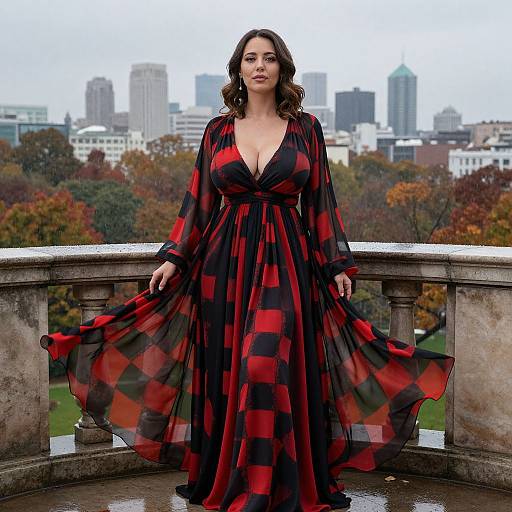 Photograph of a brunette woman in a black and red checkered, deep V-neck gown, standing on a stone balcony with a city skyline and autumn