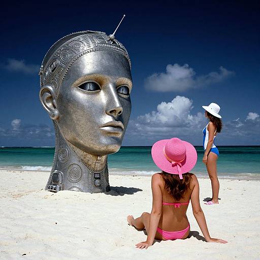 Photograph of a beach scene with a large, metallic, face sculpture, two women in bikinis and hats, white sand, and blue ocean.