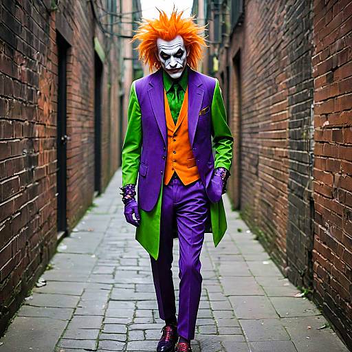 Man in Joker Outfit Walking in Dark Alley