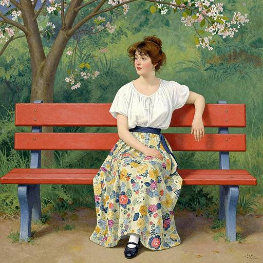 Photograph-style painting of a fair-skinned woman with brown hair in a white blouse and floral skirt, sitting on a red bench in a lush,