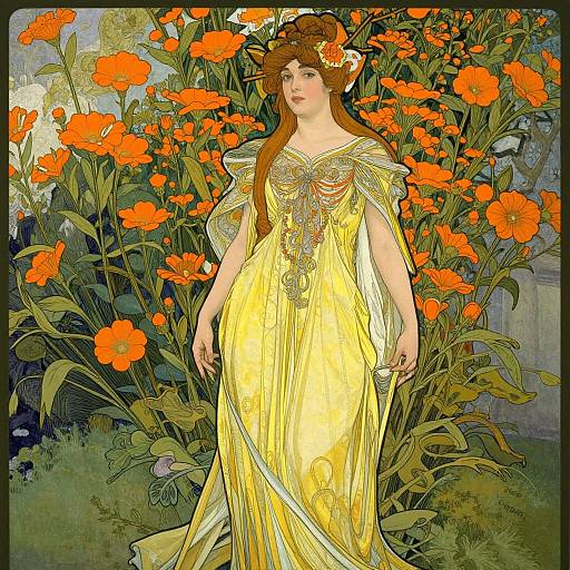 Digital art of a fair-skinned woman with long brown hair, wearing a yellow, flowing gown, surrounded by vibrant orange poppies.