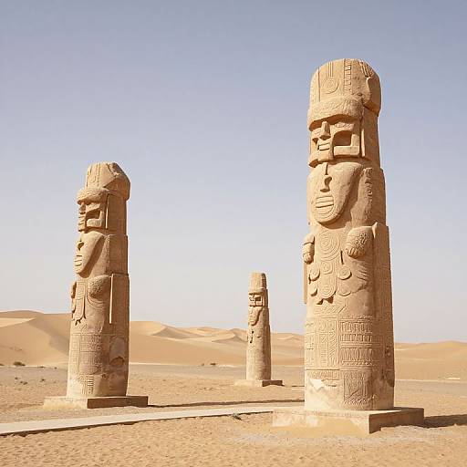 Photograph of three large, carved stone monoliths with intricate facial designs standing in a desert landscape with sandy dunes and clear blue sky.