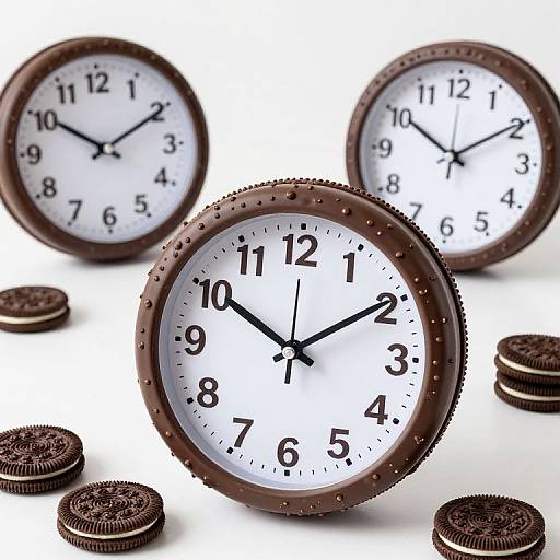 Photograph of four brown, round clocks with black numerals and hands, surrounded by scattered Oreo cookies on a white surface.