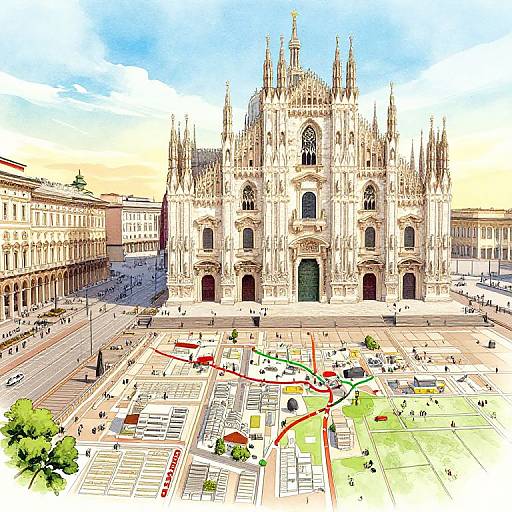 Detailed color illustration of Seville Cathedral's Gothic facade, surrounded by bustling plaza, modern pathway markings, and historical buildings.