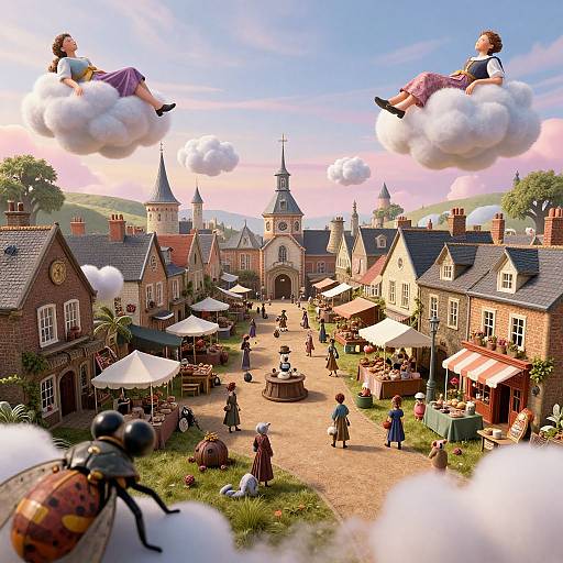 Whimsical CGI image of a bustling medieval village with two children floating on clouds, colorful market stalls, and a bright, sunny sky. A bee