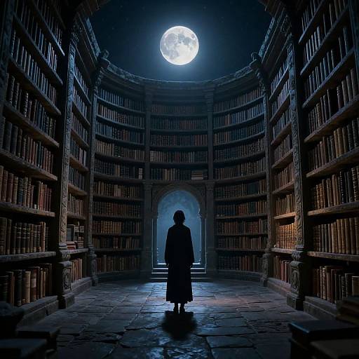 Silhouetted figure in long coat stands before towering, moonlit bookshelves in a grand, circular library with a glowing full moon above.