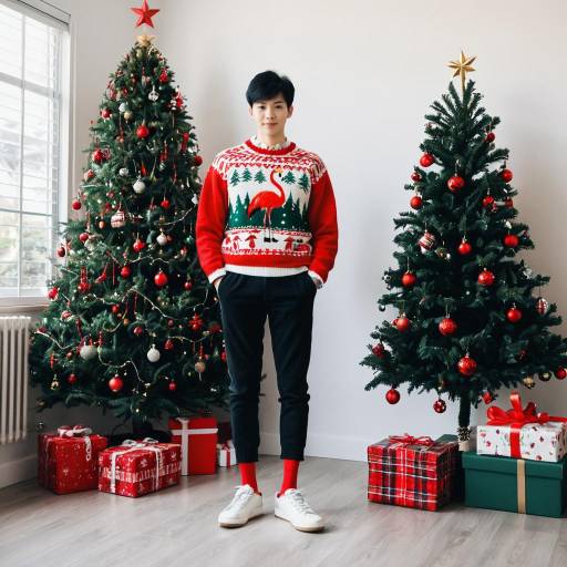 Young Man in Flamingo Christmas Sweater with Holiday Decor