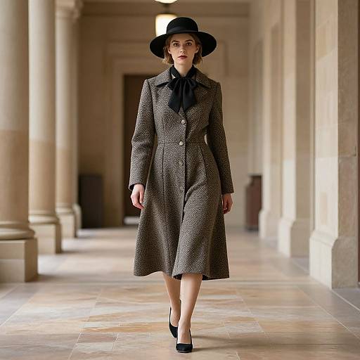 Photograph of a woman in a long, gray, textured coat, black hat, and heels, walking down a sunlit, columned hallway.