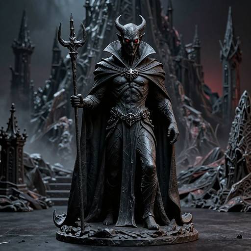 Photorealistic digital art of a dark, horned demon king with a muscular build, holding a trident, standing in a ruined, gothic