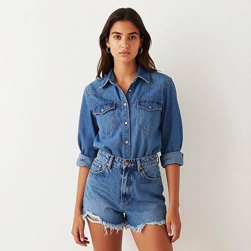 Photograph of a young woman with medium brown skin, dark brown hair, wearing a blue denim button-up shirt and high-waisted denim shorts with