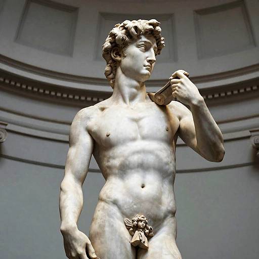 Photograph of a classical marble statue of a nude, muscular male with curly hair, holding a small object near his chest, in a curved, dim