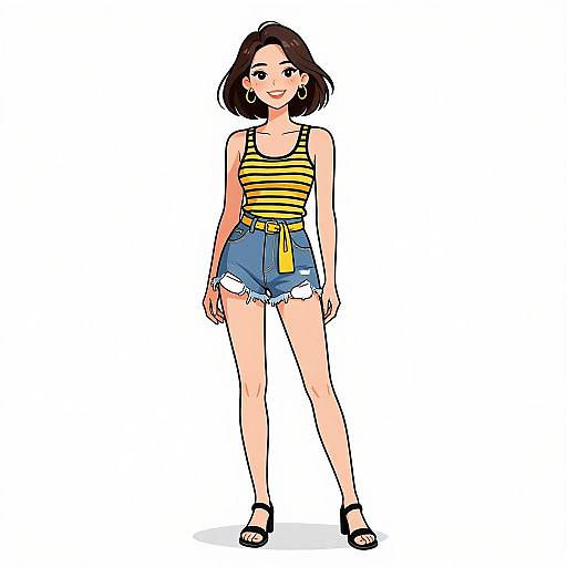 Digital drawing of a smiling young woman with short black hair, wearing a yellow-striped tank top, blue high-waisted shorts, black sandals, and