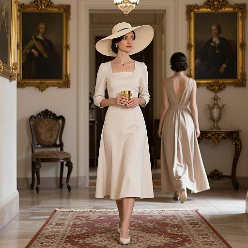 Elegant Woman in Grand Hallway